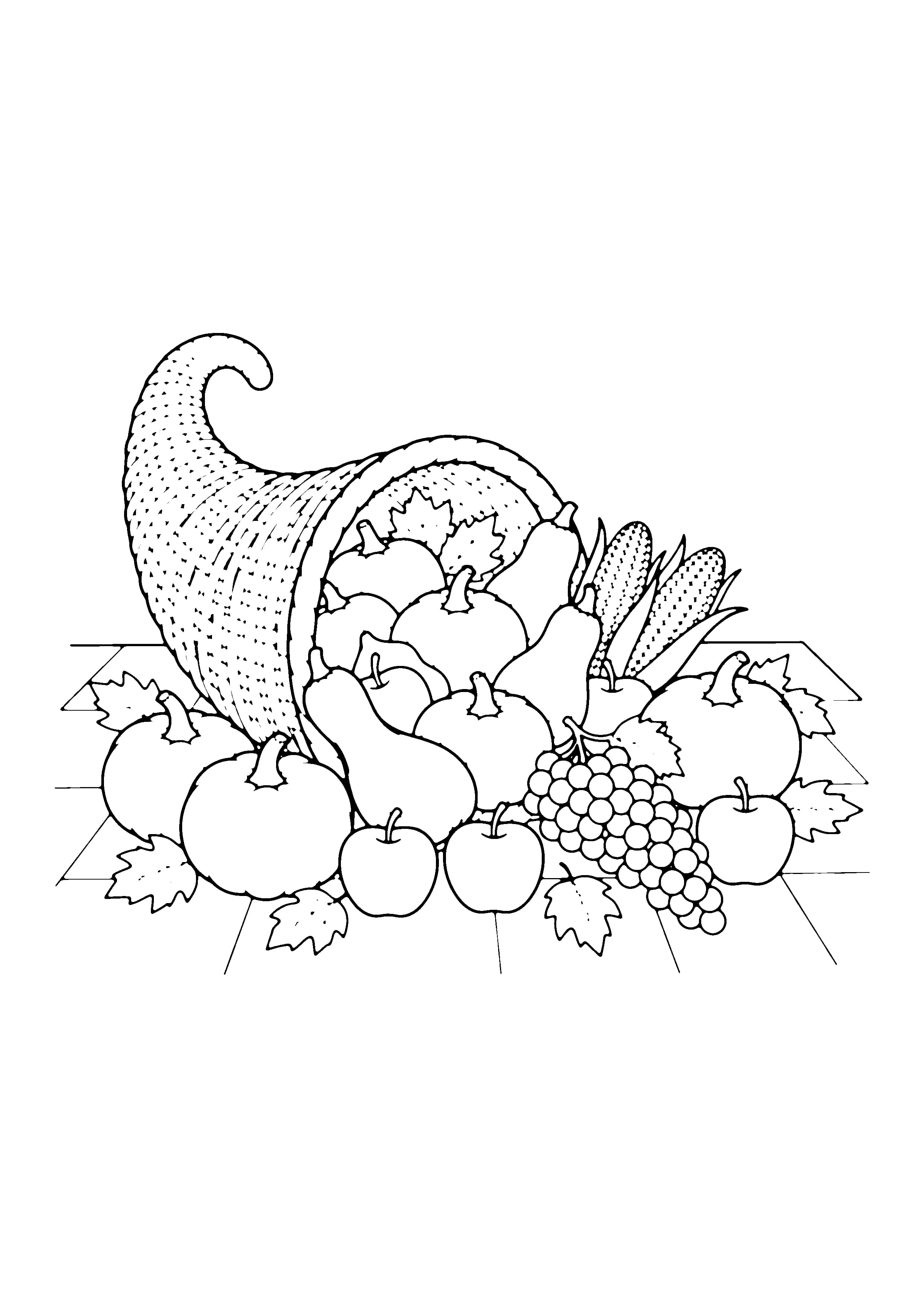 Printable hand-drawn Thanksgiving Cornucopia coloring page