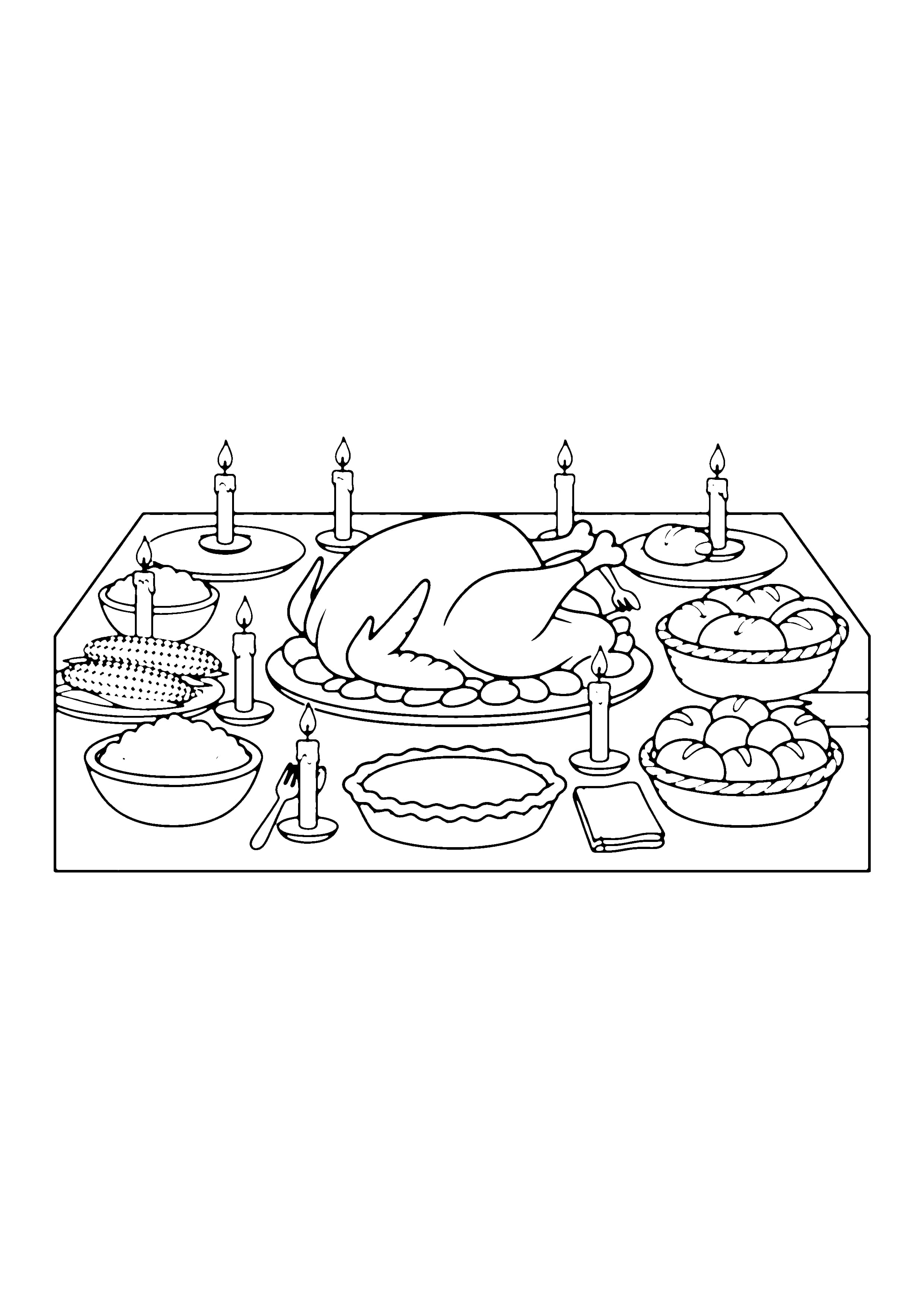 Printable hand-drawn Thanksgiving Feast Table coloring page