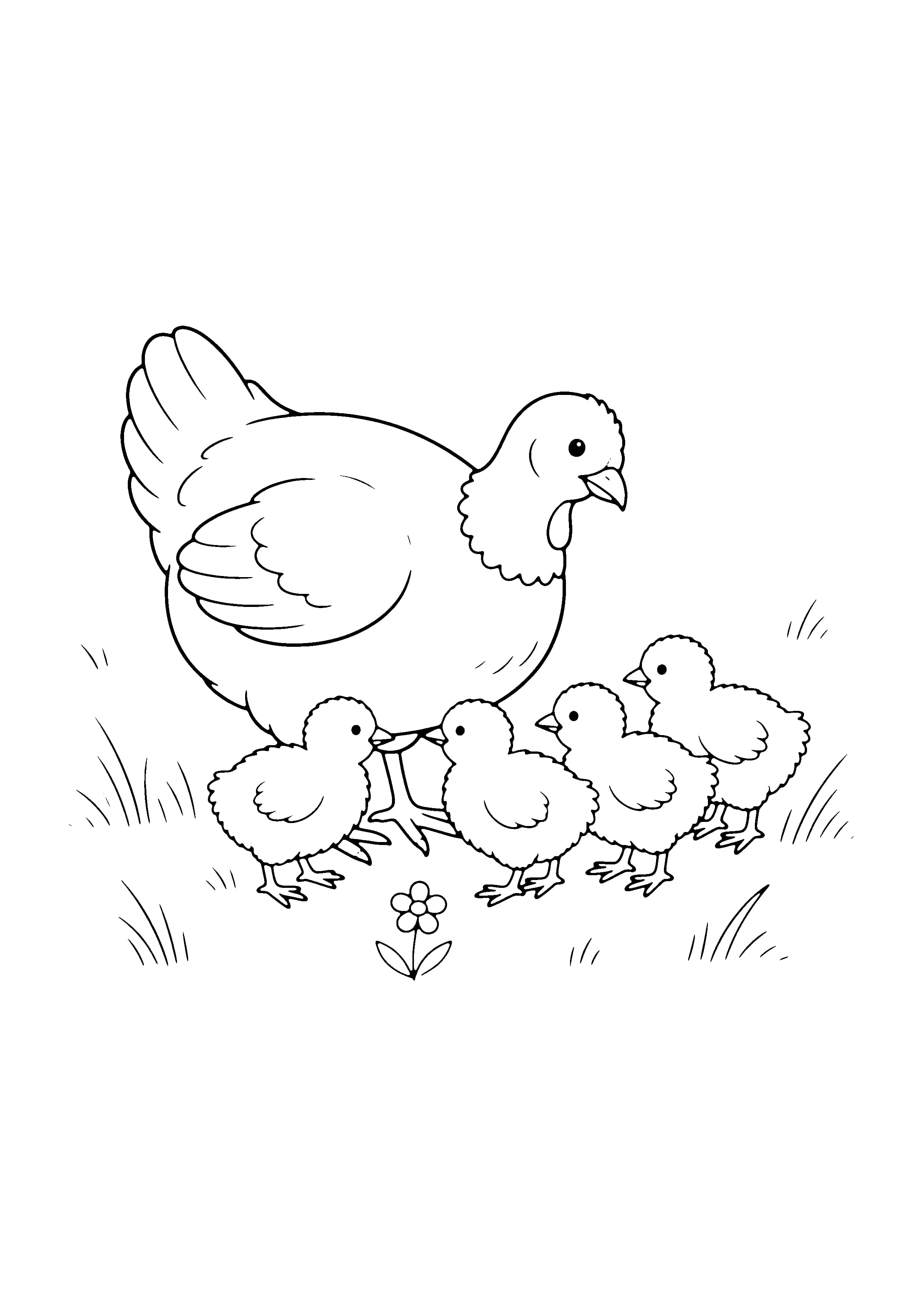 Printable hand-drawn Turkey Hen and Poults coloring page