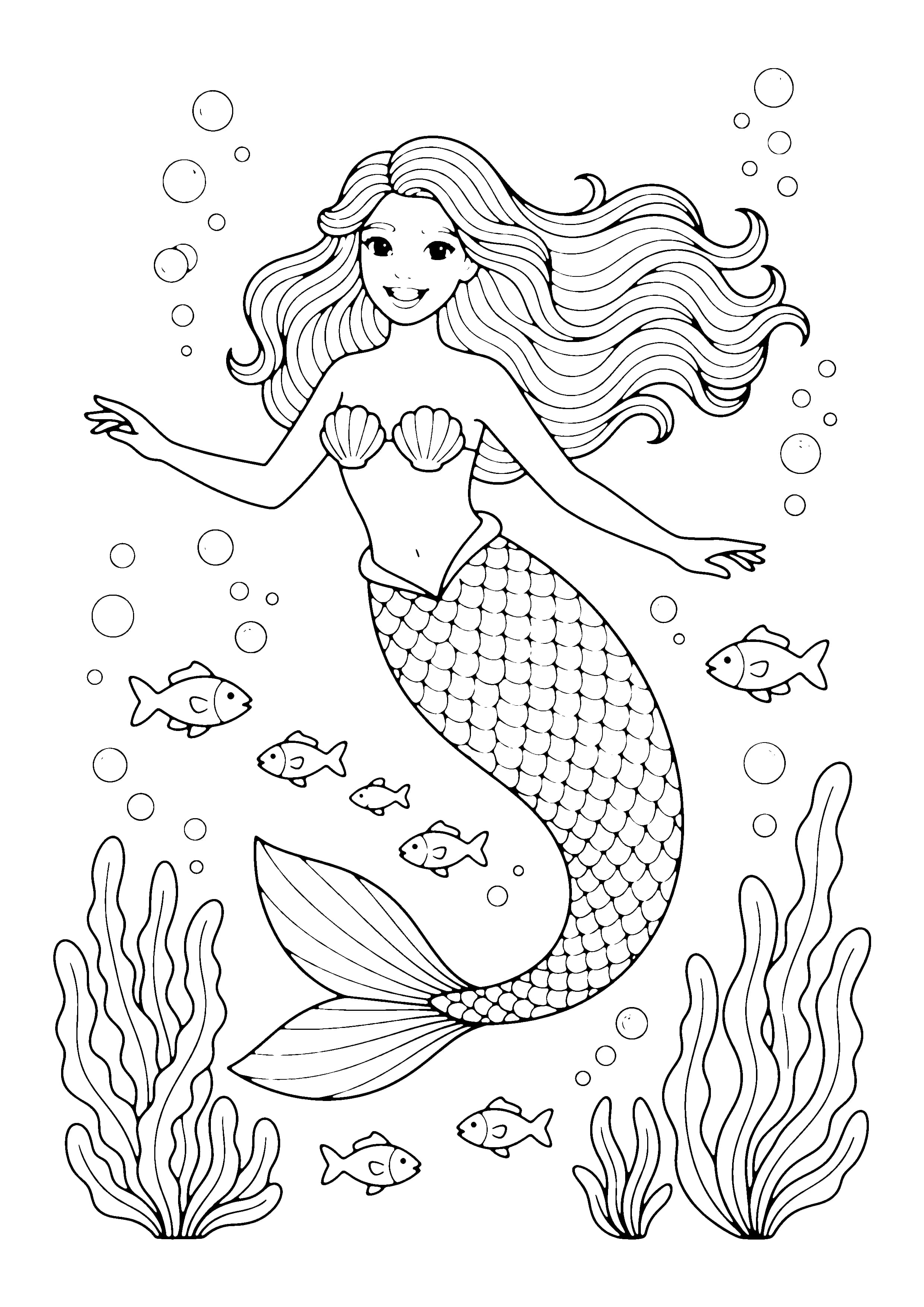 Printable hand-drawn Underwater Mermaid coloring page