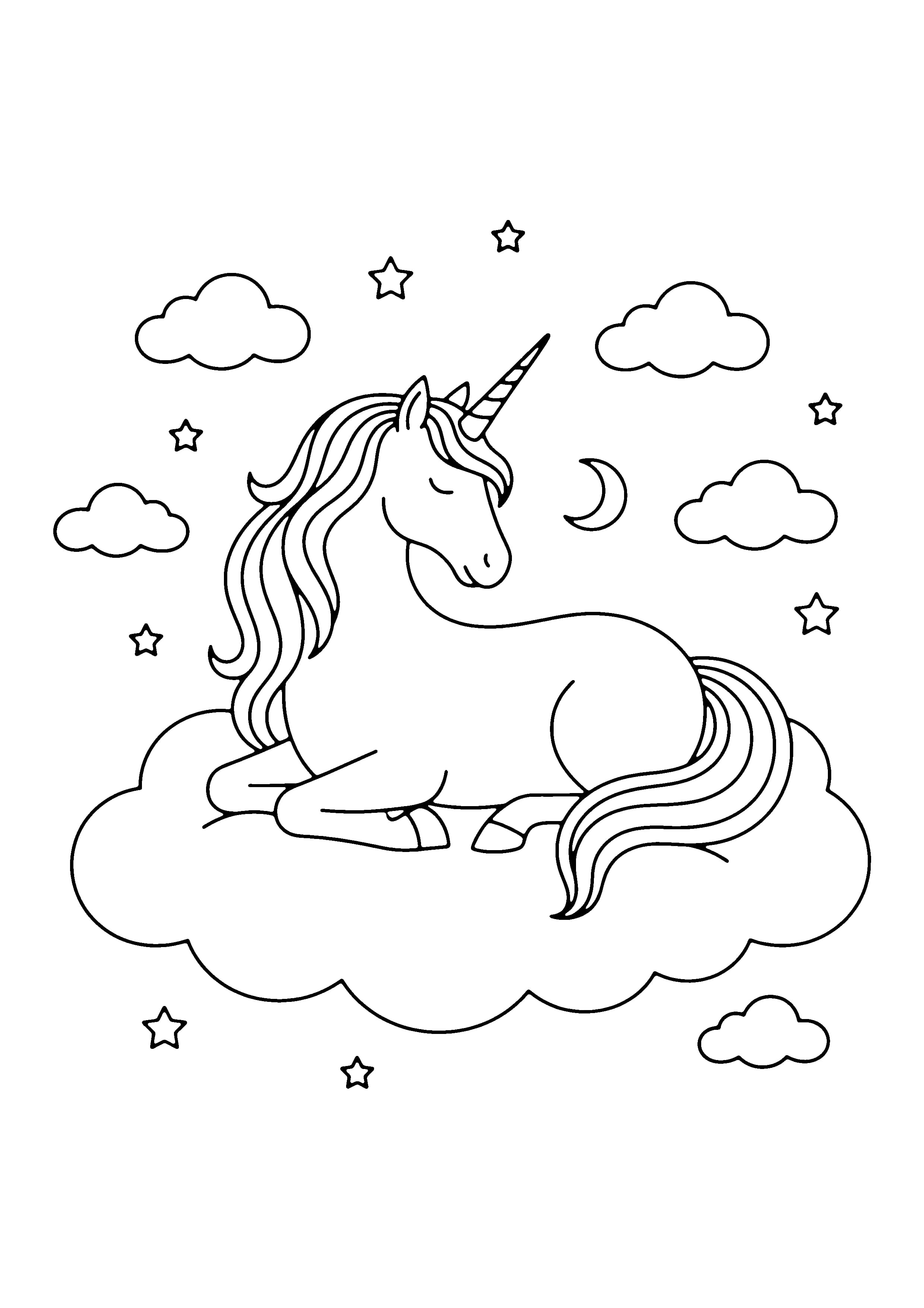 Printable hand-drawn Unicorn in the Clouds coloring page