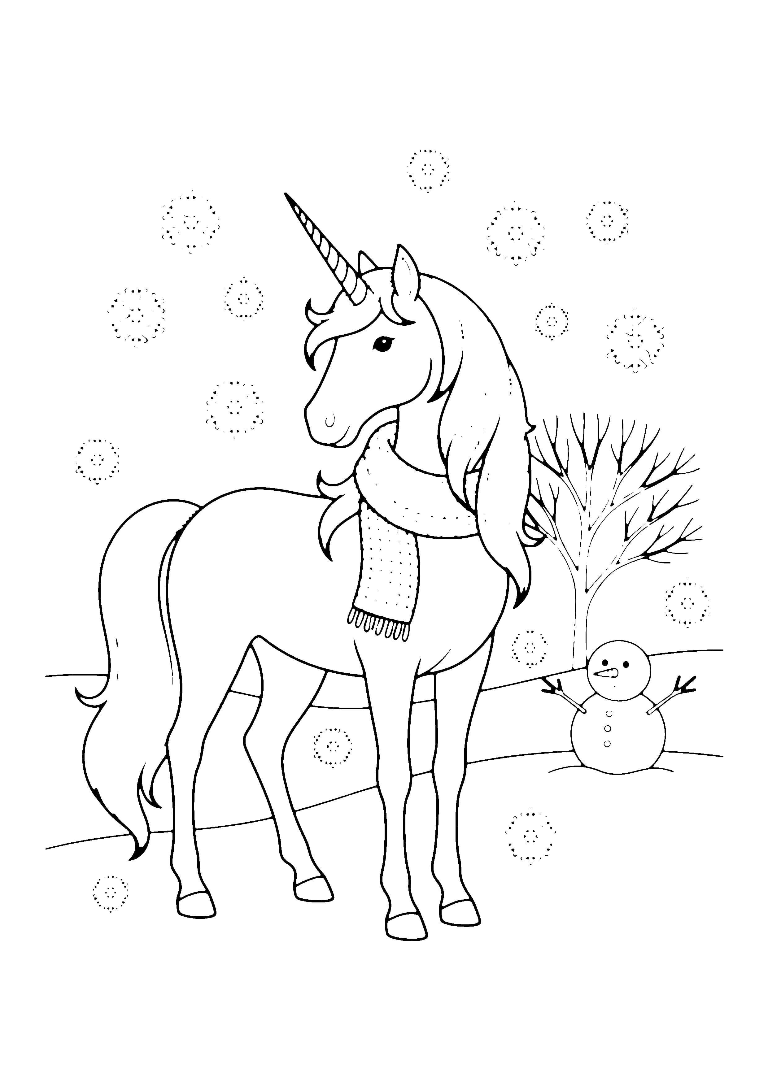 Printable hand-drawn Winter Unicorn coloring page