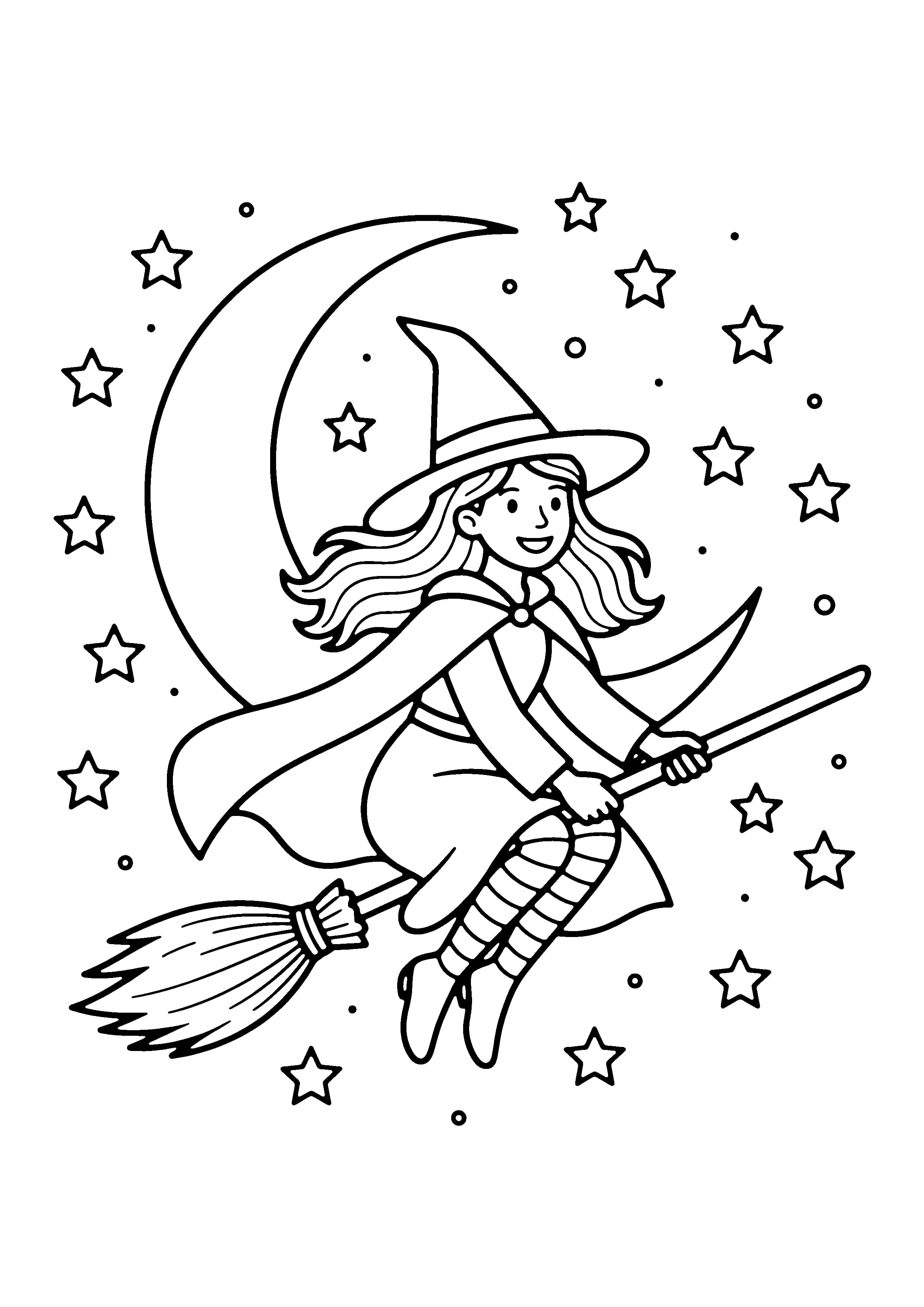 Printable hand-drawn Witch on a Broomstick coloring page