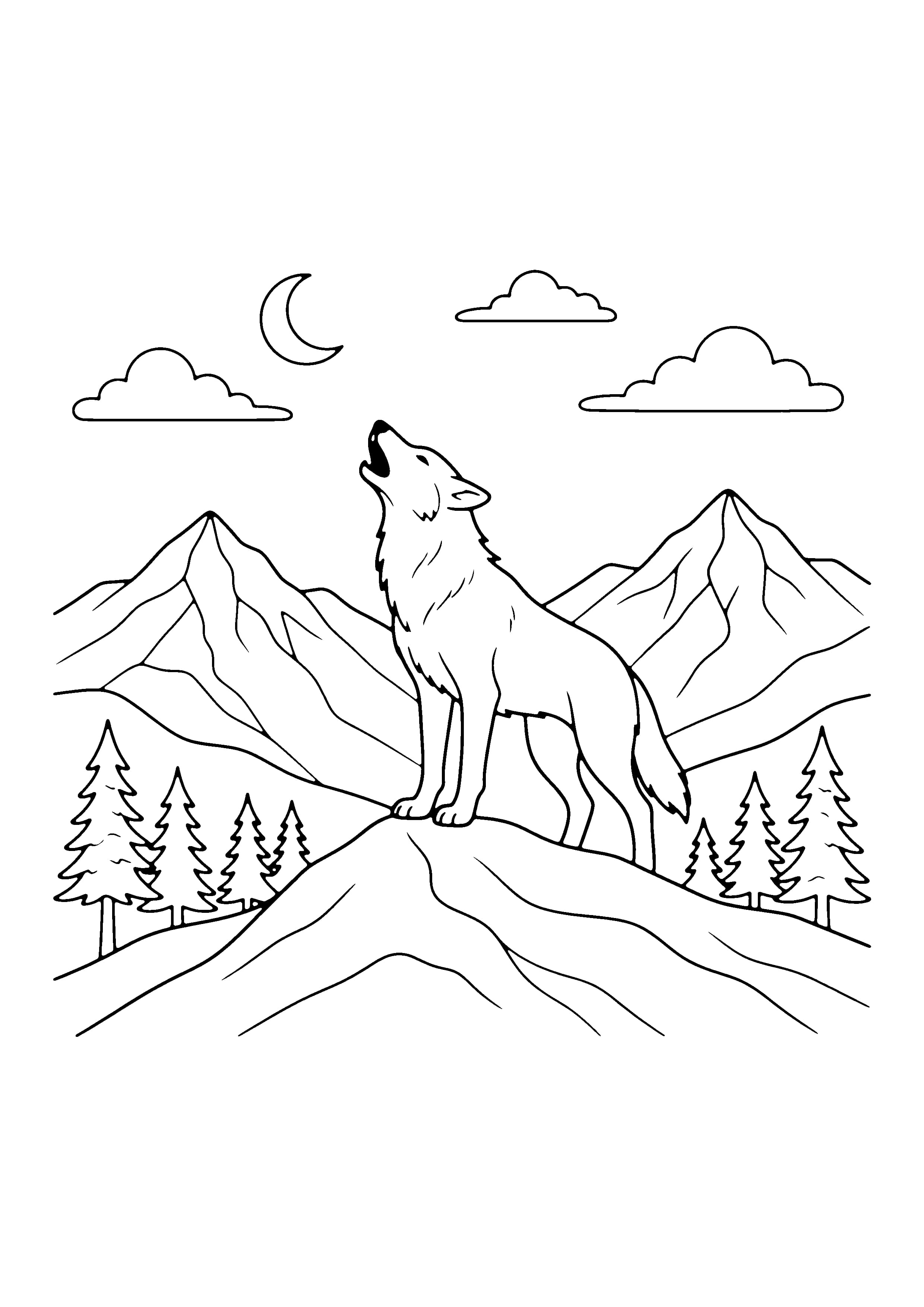 Printable hand-drawn Wolf Howling at Mountains coloring page