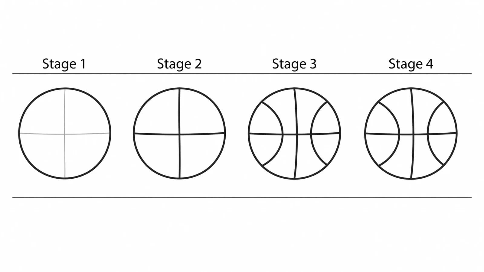 Step-by-step: how to draw a basketball in four stages, from circle to finished seams