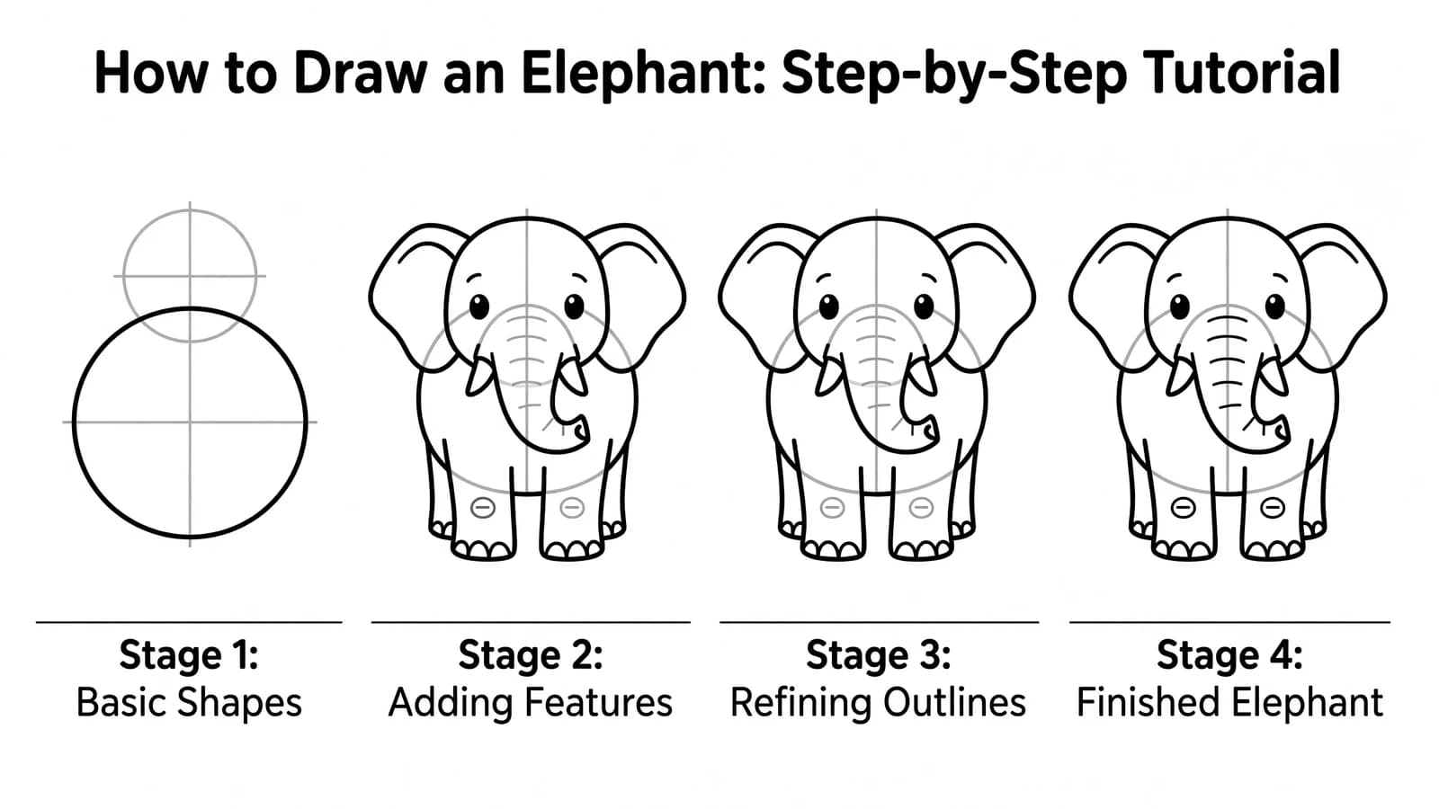 Step-by-step: how to draw an elephant in four stages