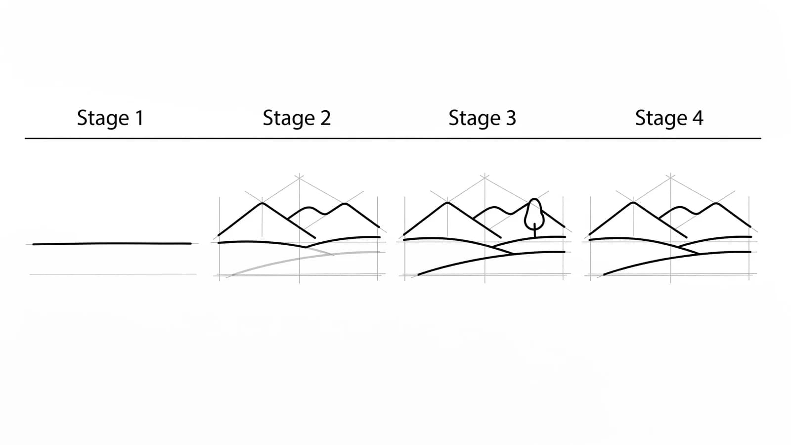 Step-by-step: how to draw a landscape in four stages, from a horizon line to a finished scene