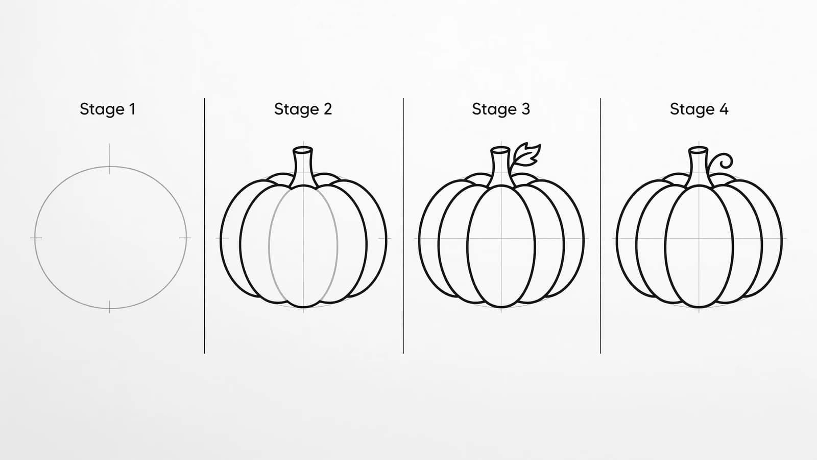 Step-by-step: how to draw a pumpkin in four stages, from a guide oval to curved ribs and a finished stem