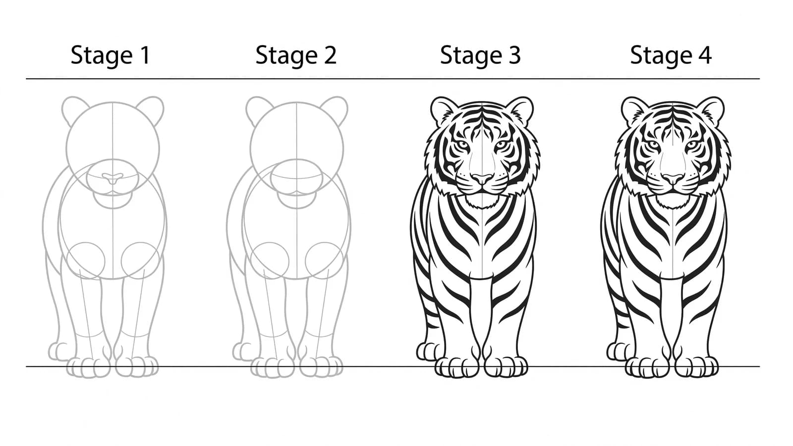 Step-by-step: how to draw a tiger in four stages
