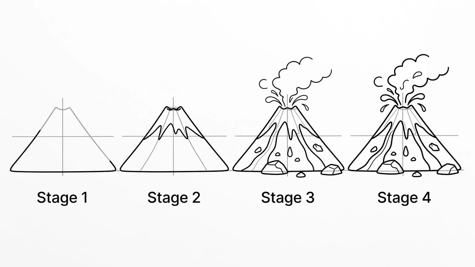 Step-by-step: how to draw a volcano in four stages